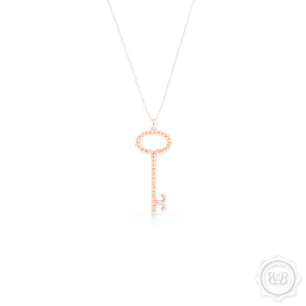 Delicate, Girly Key Pendant Necklace. Handcrafted in Romantic Rose Gold. Available in three sizes. Free Shipping USA. 30 Day Returns. Free Silver Chain Option  | BASHERT JEWELRY | Boca Raton, Florida