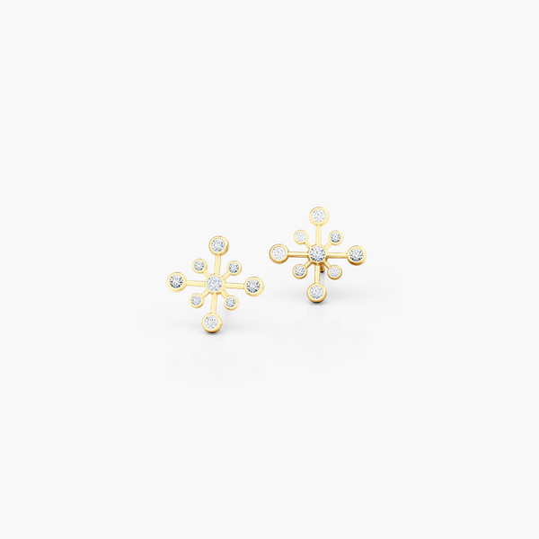 Delicate Snowflake Earring Studs. Handcrafted in Classic Yellow Gold and White Round Brilliant Diamonds. Free Shipping on All USA Orders. 30-Day Returns | BASHERT JEWELRY | Boca Raton, Florida