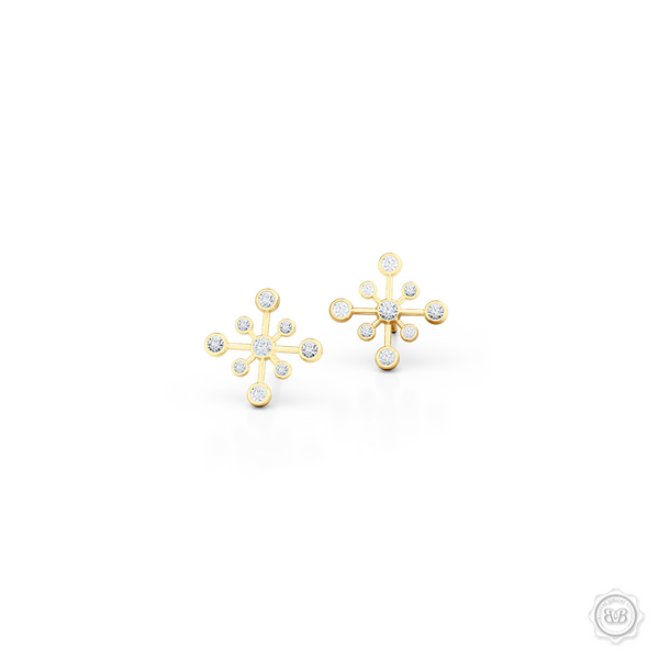 Delicate Snowflake Earring Studs. Handcrafted in Classic Yellow Gold and White Round Brilliant Diamonds. Free Shipping on All USA Orders. 30-Day Returns | BASHERT JEWELRY | Boca Raton, Florida