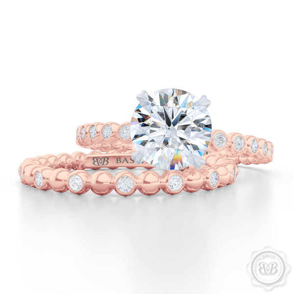 Delicate Polka Dot Diamond Band. Playful Design Handcrafted in Romantic Rose Gold and Round Brilliant Diamonds. Matching Solitaire Engagement Ring Set. Free Shipping for All USA Orders. 30 Day Returns. | BASHERT JEWELRY | Boca Raton Florida