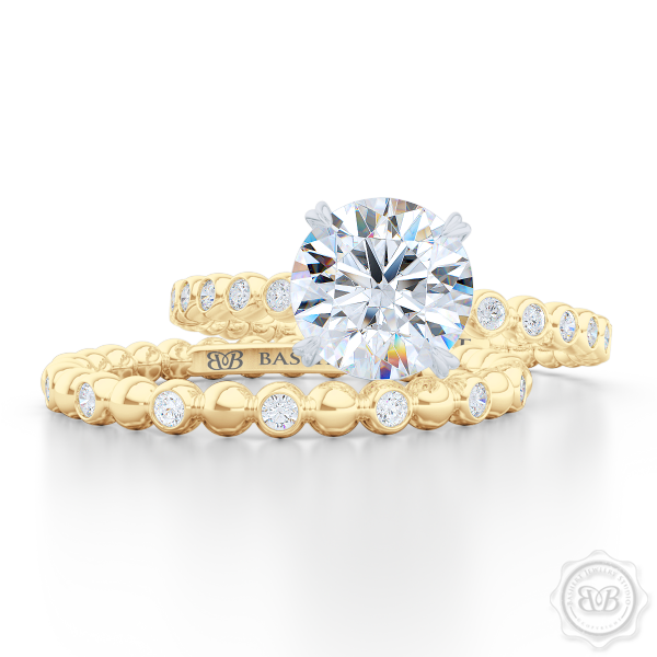 Delicate Polka Dot Diamond Band. Playful Design Handcrafted in Classic Yellow Gold and Round Brilliant Diamonds. Matching Solitaire Engagement Ring Set. Free Shipping for All USA Orders. 30 Day Returns. | BASHERT JEWELRY | Boca Raton Florida