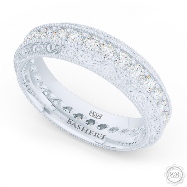 Nature inspired, Diamond Eternity Wedding Ring with a hand carved rose-vine motifs. Crafted in Bright White Gold or Platinum.  Free Shipping for All USA Orders. 30-Day Returns | BASHERT JEWELRY | Boca Raton, Florida