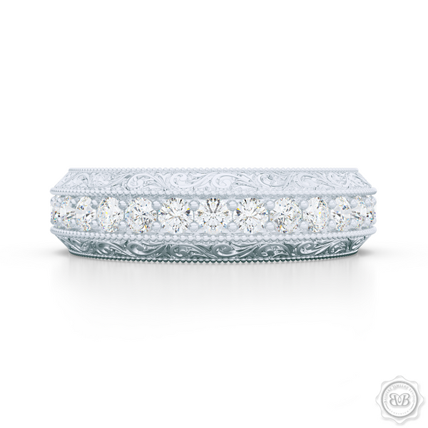 Nature inspired, Diamond Eternity Wedding Ring with a hand carved rose-vine motifs. Crafted in Bright White Gold or Platinum.  Free Shipping for All USA Orders. 30-Day Returns | BASHERT JEWELRY | Boca Raton, Florida