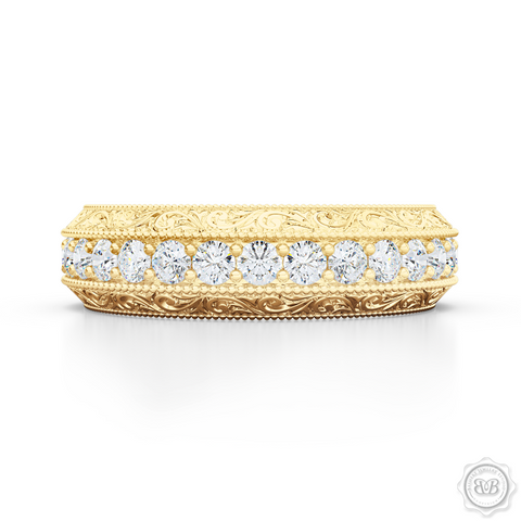 Nature inspired, Diamond Eternity Wedding Ring with a hand carved rose-vine motifs. Crafted in Classic Yellow Gold.  Free Shipping for All USA Orders. 30-Day Returns | BASHERT JEWELRY | Boca Raton, Florida