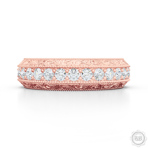 Nature inspired, Diamond Eternity Wedding Ring with a hand carved rose-vine motifs. Crafted in Romantic Rose Gold.  Free Shipping for All USA Orders. 30-Day Returns | BASHERT JEWELRY | Boca Raton, Florida