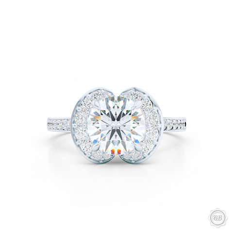 Elegant Round Diamond Halo Engagement Ring Inspired by Paris Architecture. Handcrafted in White Gold or Platinum. Dazzling Bead-Set Crown and Baby-Split Diamond Shoulders. GIA Certified Diamond. Free Shipping USA 30-Day Returns | BASHERT JEWELRY | Boca Raton, Florida