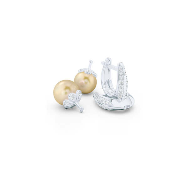 Elegant Pearl dangle earrings. Diamond iced, knife-edge hoops, hand-fabricated in sustainable, solid White Gold, or Platinum. Genuine South Sea Golden Pearl dangle bottoms. One Hoop – Many Possibilities. Free Shipping on All USA Orders. 15-Day Returns | BASHERT JEWELRY | Boca Raton, Florida