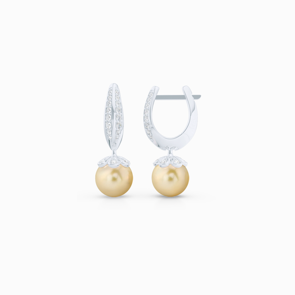 Elegant Pearl dangle earrings. Diamond iced, knife-edge hoops, hand-fabricated in sustainable, solid White Gold, or Platinum. Genuine South Sea Golden Pearl dangle bottoms. One Hoop – Many Possibilities. Free Shipping on All USA Orders. 15-Day Returns | BASHERT JEWELRY | Boca Raton, Florida