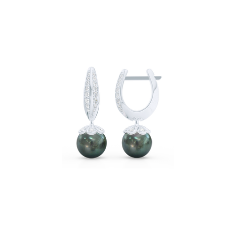 Elegant Pearl dangle earrings. Diamond iced, knife-edge hoops, hand-fabricated in sustainable, solid White Gold, or Platinum. Genuine Sea-Green Fiji Pearl dangle bottoms. One Hoop – Many Possibilities. Free Shipping on All USA Orders. 15-Day Returns | BASHERT JEWELRY | Boca Raton, Florida