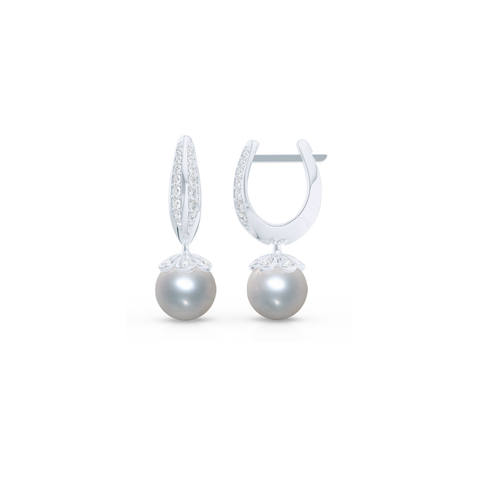 Elegant Pearl dangle earrings. Diamond iced, knife-edge hoops, hand-fabricated in sustainable, solid White Gold, or Platinum. Genuine White Akoya Pearl or South Sea White Pearl dangle bottoms. One Hoop – Many Possibilities. Free Shipping on All USA Orders. 15-Day Returns | BASHERT JEWELRY | Boca Raton, Florida