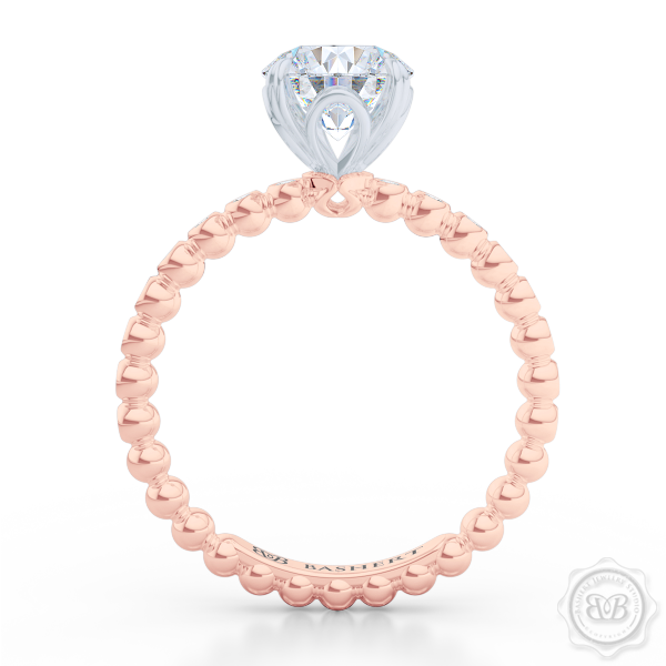 Two-tone gold, Classic Four-Prong, Round Solitaire Engagement Ring. Handcrafted in Rose Gold and Platinum crown. Dazzling Bezel-Set Caviar Ring Shoulders. GIA Certified Diamond.  Free Shipping USA 30-Day Returns | BASHERT JEWELRY | Boca Raton, Florida