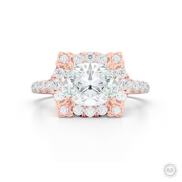 East-West Oval Diamond Halo Engagement Ring. Handcrafted in Romantic Rose Gold. GIA Certified Oval Diamond. Vintage-inspired lines with a unique flower prong accents. Free Shipping USA. 30-Day Returns | BASHERT JEWELRY | Boca Raton, Florida