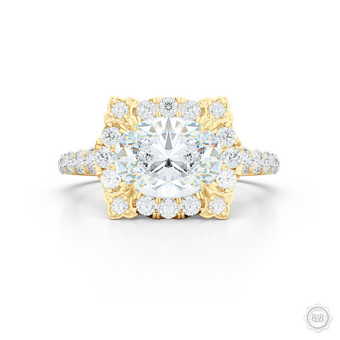 East-West Oval Diamond Halo Engagement Ring. Handcrafted in Classic Yellow Gold. GIA Certified Oval Diamond. Vintage-inspired lines with a unique flower prong accents. Free Shipping USA. 30-Day Returns | BASHERT JEWELRY | Boca Raton, Florida
