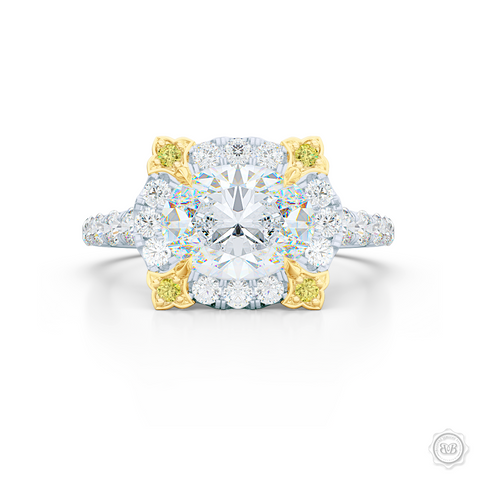 East-West Oval Diamond Halo Engagement Ring. Handcrafted in Precious Platinum or White Gold. GIA Certified Oval Diamond. Vintage-inspired lines with a unique flower prong accents, adorned with Canary Yellow Diamonds. Free Shipping USA. 30-Day Returns | BASHERT JEWELRY | Boca Raton, Florida
