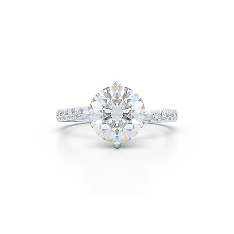 East-West, four prong, Round Solitaire. Recessed diamond halo. Diamond adorned shoulders. Hand-fabricated in White Gold or Precious Platinum. Available in Diamond or Lab-Grown Diamond. | Made in Boca Raton, Florida. 15 Day Returns. Free Shipping USA. | Bashert Jewelry 