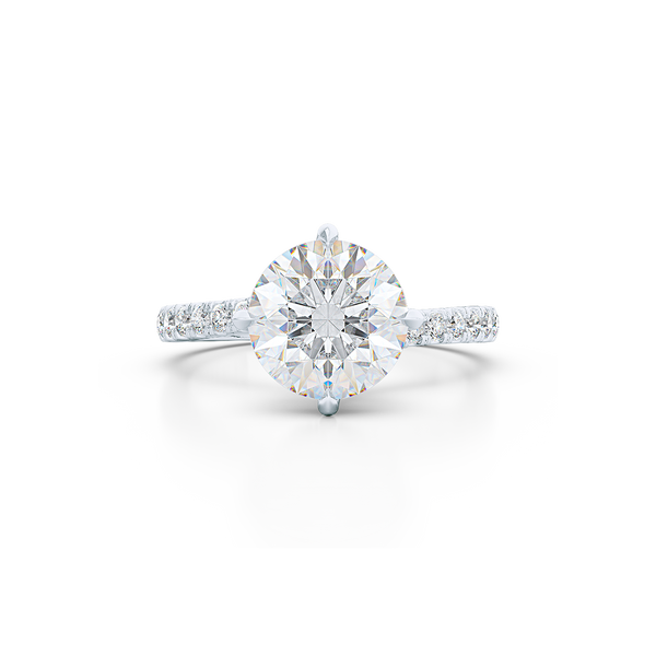 East-West, four prong, Round Solitaire. Recessed diamond halo. Diamond adorned shoulders. Hand-fabricated in Precious Platinum. Available in Diamond or Lab-Grown Diamond. | Made in Boca Raton, Florida. 15 Day Returns. Free Shipping USA. | Bashert Jewelry 