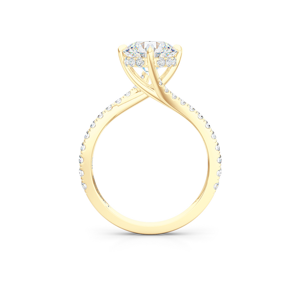 East-West, four prong, Round Solitaire. Recessed diamond halo. Diamond adorned shoulders. Hand-fabricated in Classic Yellow Gold. Available in Diamond or Lab-Grown Diamond. | Made in Boca Raton, Florida. 15 Day Returns. Free Shipping USA. | Bashert Jewelry 