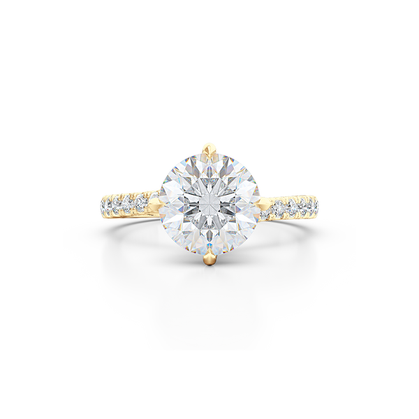 East-West, four prong, Round Solitaire. Recessed diamond halo. Diamond adorned shoulders. Hand-fabricated in Sustainable Solid Yellow Gold. Available in Moissanite by Charles & Colvard or Lab-Grown Diamond by Diamond Foundry. | Made in Boca Raton, Florida. 15 Day Returns. Free Shipping USA. | Bashert Jewelry 