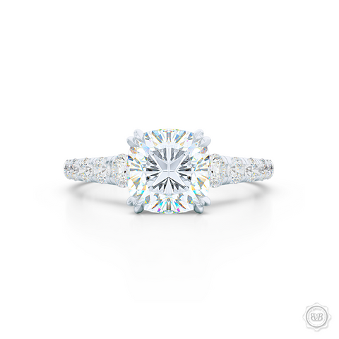 Classic Four Prong Cushion Cut Diamond Solitaire Engagement Ring. Handcrafted in White Gold or Precious Platinum, GIA Certified Diamond and French Pavé set Diamond shoulders. Free Shipping for All USA Orders. 30-Day Returns | BASHERT JEWELRY | Boca Raton, Florida