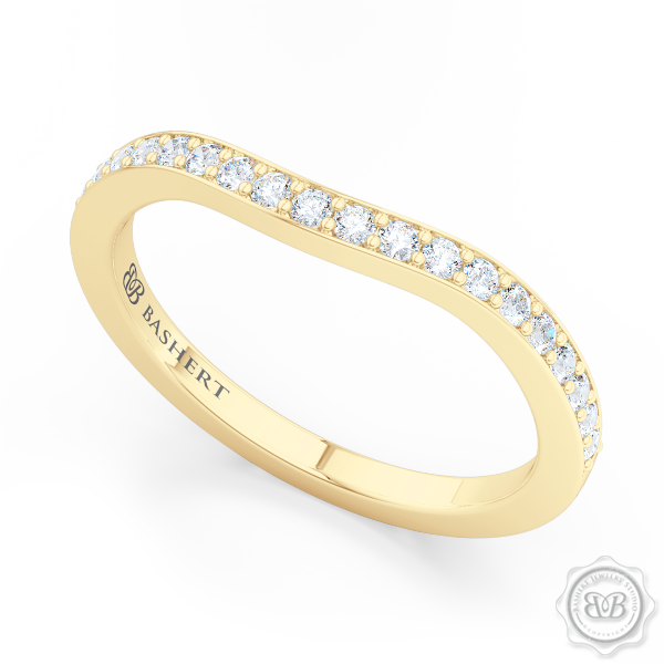 Elegantly Curved Diamond Wedding Band. Classic Bead-Set Diamonds. Handcrafted in Classic Yellow Gold. Free Shipping All USA Orders. 30Day Returns | BASHERT JEWELRY | Boca Raton, Florida