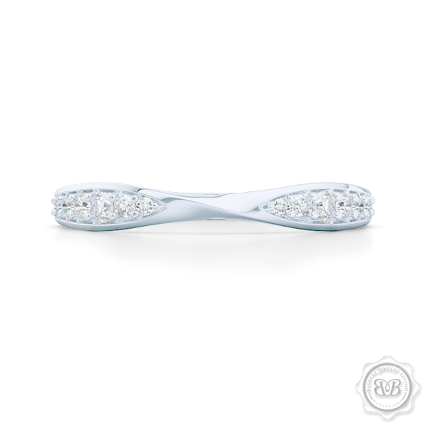 Twist Diamond Wedding Band.  Softly tapered shoulders of the ring are elegantly twisted and slightly pinched-in together and adorned with Round Brilliant Diamonds. The Perfect Compliment for Your Engagement Ring. Free Shipping on All USA Orders. 30 Day Returns | BASHERT JEWELRY | Boca Raton, Florida