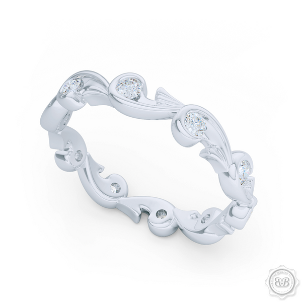 Rose-Vine Motif Eternity Diamond Wedding Band. Handcrafted in White Gold or Platinum, and adorned with Round Brilliant  Diamonds. Free Shipping for All USA Orders. 30Day Returns | BASHERT JEWELRY | Boca Raton, Florida