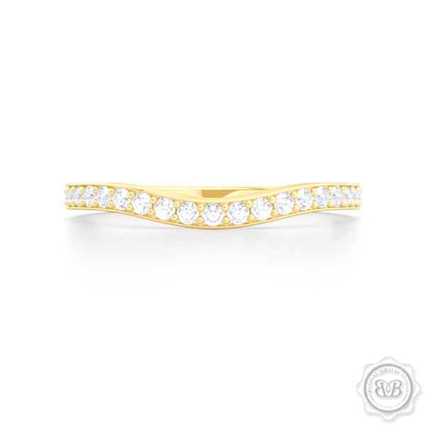Elegantly Curved Diamond Wedding Band. Classic Bead-Set Diamonds. Handcrafted in Classic Yellow Gold. Halo Engagement Ring Set. Free Shipping for All USA Orders. 30 Day Returns | BASHERT JEWELRY | Boca Raton, Florida 