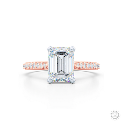 Classic Emerald Cut Diamond Solitaire Ring. Handcrafted in two-tone Rose Gold and Platinum crown. GIA Certified Emerald cut Diamond. Elegant, Bead-Set Diamond Shoulders. Free Shipping USA. 30-Day Returns | BASHERT JEWELRY | Boca Raton, Florida