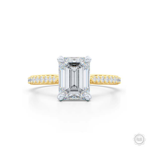 Classic Four-Prong Emerald Cut Diamond Solitaire Ring. Handcrafted in Classic Yellow Gold and Platinum crown. GIA Certified Diamond. Elegantly Tapered Bead-Set Diamond Shoulders. Find a GIA Certified Diamond Tailored to Your Budget. This Design has a matching bead-set Diamond Wedding Band. Free Shipping USA. 30-Day Returns | BASHERT JEWELRY | Boca Raton, Florida