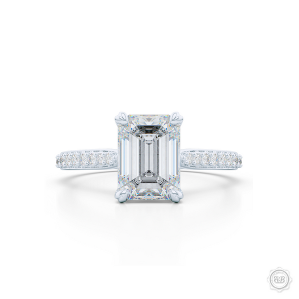 Classic Emerald Cut Diamond Solitaire Ring. Handcrafted in White Gold or Platinum. GIA Certified Emerald Step-Cut Diamond. Elegant, Bead-Set Diamond Shoulders. Free Shipping USA. 30-Day Returns | BASHERT JEWELRY | Boca Raton, Florida