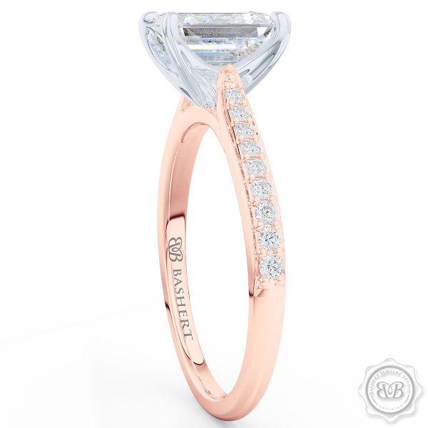 Classic Emerald Cut Diamond Solitaire Ring. Handcrafted in two-tone Rose Gold and Platinum. GIA Certified Diamond. Elegant, Bead-Set Diamond Shoulders. Free Shipping USA. 30-Day Returns | BASHERT JEWELRY | Boca Raton, Florida