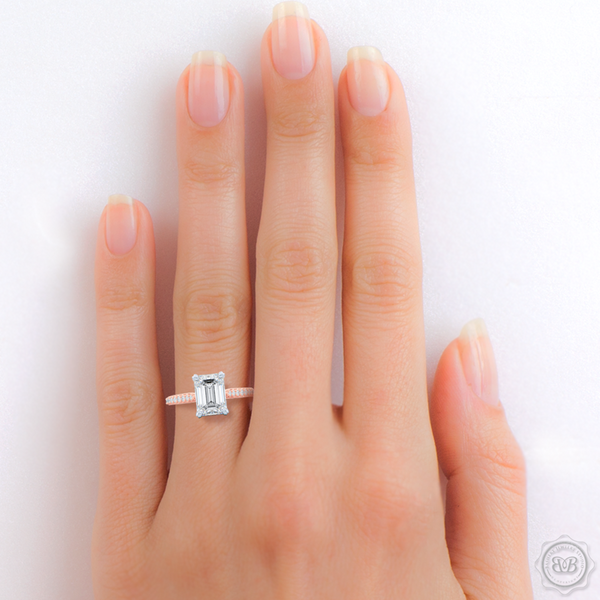 Classic Emerald Cut Diamond Solitaire Ring. Handcrafted in two-tone Rose Gold and Platinum. GIA Certified Diamond. Elegant, Bead-Set Diamond Shoulders. Free Shipping USA. 30-Day Returns | BASHERT JEWELRY | Boca Raton, Florida