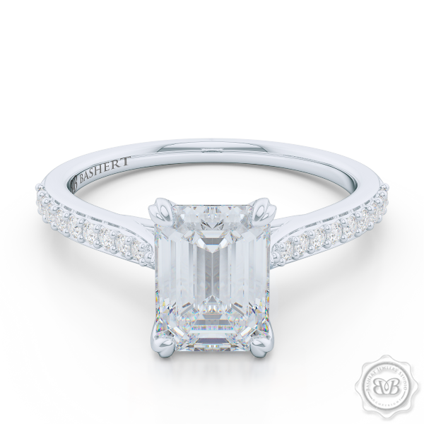 Classic Emerald Cut Solitaire Ring. Handcrafted in White Gold or Platinum. Charles & Colvard Forever One Emerald-cut Moissanite. Elegant, Bead-Set Diamond Shoulders. Free Shipping USA. 30-Day Returns | BASHERT JEWELRY | Boca Raton, Florida