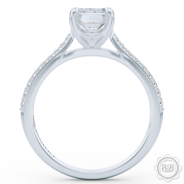 Classic Emerald Cut Solitaire Ring. Handcrafted in White Gold or Platinum. Charles & Colvard Forever One Emerald-cut Moissanite. Elegant, Bead-Set Diamond Shoulders. Free Shipping USA. 30-Day Returns | BASHERT JEWELRY | Boca Raton, Florida