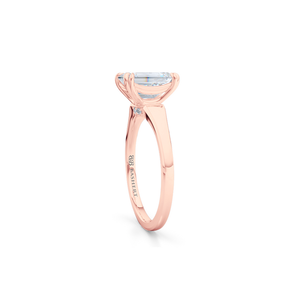 Classic, Emerald Cut Moissanite Solitaire Ring. Hand-fabricated in sustainable, solid Rose Gold and Forever One Charles & Colvard Moissanite.  Free Shipping to all US orders. 15 Day Returns | BASHERT JEWELRY | Boca Raton, Florida