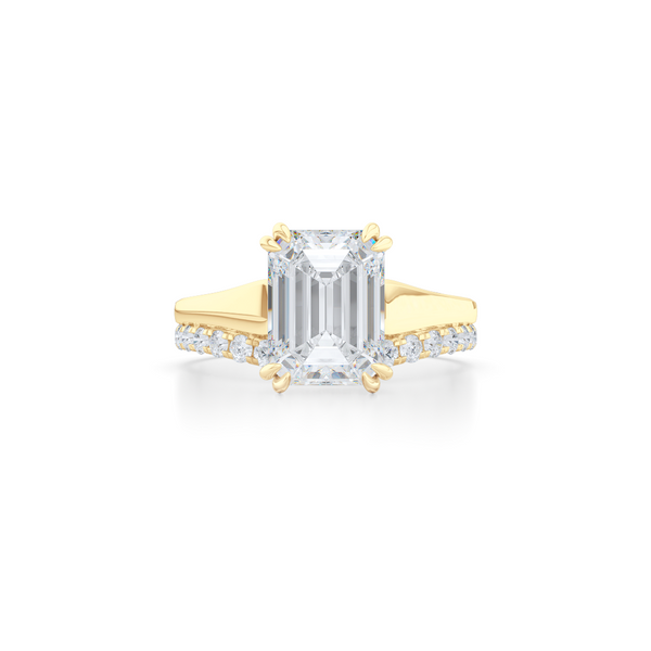 Classic, Emerald Cut Moissanite Solitaire Ring. Hand-fabricated in sustainable, solid Yellow Gold and Forever One Charles & Colvard Moissanite.  Free Shipping to all US orders. 15 Day Returns | BASHERT JEWELRY | Boca Raton, Florida