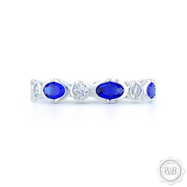 Sapphire and Diamond Eternity band. Handcrafted in White Gold or Precious Platinum. Adorned with array of Round Diamond and Oval Blue Sapphires. Geometrical Wedding, Eternity, Stackable Band that can be customized with gemstones of your choice. Free Shipping on All USA Orders. 30-Day Returns | BASHERT JEWELRY | Boca Raton, Florida