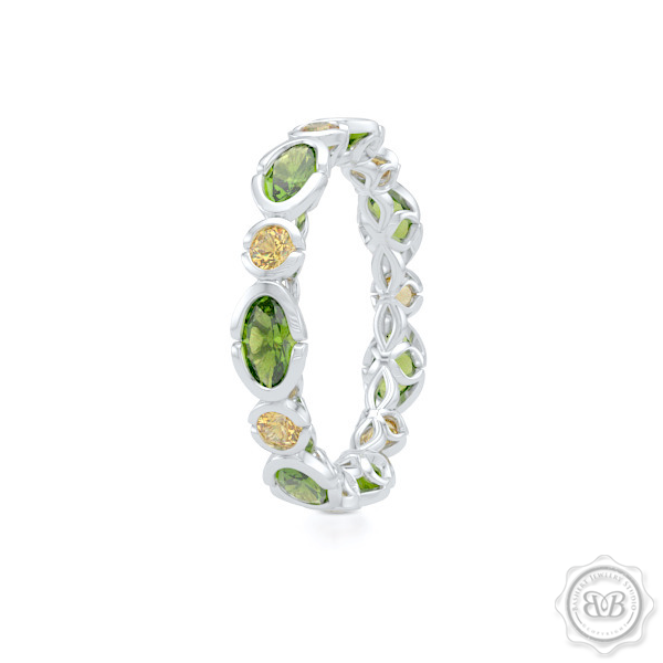 Unique Eternity Ring. Handcrafted in White Gold.  Adorned with array of Round Madeira Citrines and Oval Peridots. Geometrical Wedding, Eternity, Stackable Band that can be customized with gemstones of your choice. Free Shipping on All USA Orders. 30-Day Returns | BASHERT JEWELRY | Boca Raton, Florida