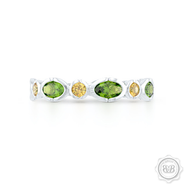 Unique Citrine and Peridot Eternity Ring. Handcrafted in White Gold.  Adorned with array of Round Madeira Citrines and Oval Peridots. Geometrical Wedding, Eternity, Stackable Band that can be customized with gemstones of your choice. Free Shipping on All USA Orders. 30-Day Returns | BASHERT JEWELRY | Boca Raton, Florida