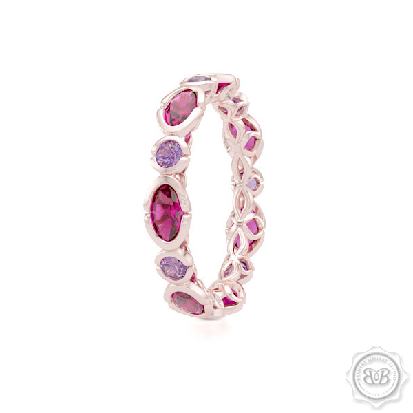 Unique Eternity Ring. Handcrafted in White Gold or Precious Platinum. Adorned with array of Round Lilac Amethysts and Oval Raspberry Rhodolite Garnets. Geometrical Wedding, Eternity, Stackable Band that can be customized with gemstones of your choice. Free Shipping on All USA Orders. 30-Day Returns | BASHERT JEWELRY | Boca Raton, Florida