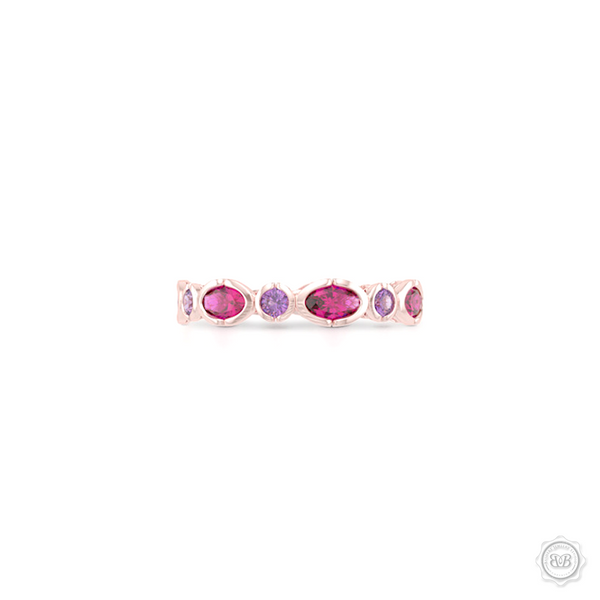 Unique Amethyst and Rhodolite Garnet Eternity Ring. Handcrafted in White Gold or Precious Platinum. Adorned with array of Round Lilac Amethysts and Oval Raspberry Rhodolite Garnets. Geometrical Wedding, Eternity, Stackable Band that can be customized with gemstones of your choice. Free Shipping on All USA Orders. 30-Day Returns | BASHERT JEWELRY | Boca Raton, Florida