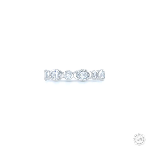 Unique Diamond Eternity Ring. Handcrafted in White Gold or Precious Platinum. Adorned with array of Round and Oval Brilliant Cut Diamonds. Geometrical Wedding, Eternity, Stackable Band that can be customized with gemstones of your choice. Free Shipping on All USA Orders. 30-Day Returns | BASHERT JEWELRY | Boca Raton, Florida