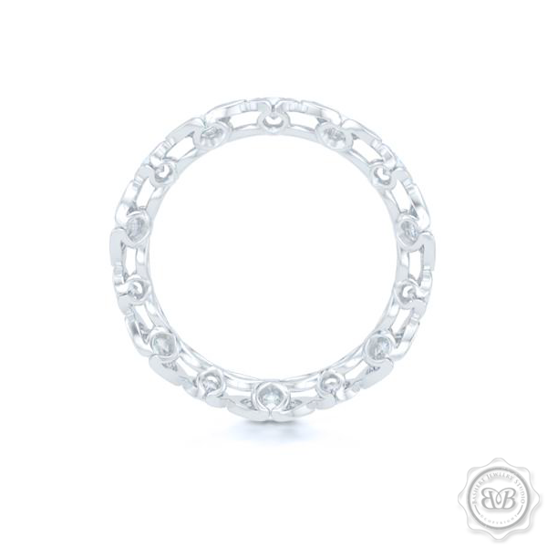 Unique Eternity Ring. Handcrafted in White Gold or Precious Platinum. Adorned with array of Round and Oval Charles & Colvart Moissanites. Geometrical Wedding, Eternity, Stackable Band that can be customized with gemstones of your choice. Free Shipping on All USA Orders. 30-Day Returns | BASHERT JEWELRY | Boca Raton, Florida