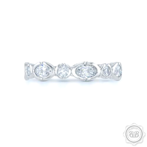 Unique Moissainte Geometric Eternity Ring. Handcrafted in White Gold or Precious Platinum. Adorned with array of Round and Oval Charles & Colvart Moissanites. Geometrical Wedding, Eternity, Stackable Band that can be customized with gemstones of your choice. Free Shipping on All USA Orders. 30-Day Returns | BASHERT JEWELRY | Boca Raton, Florida