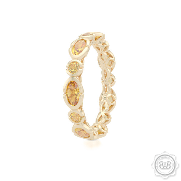 Unique Eternity Ring. Handcrafted in Classic Yellow Gold.  Adorned with array of Round and Oval Madeira Citrines. Geometrical Wedding, Eternity, Stackable Band that can be customized with gemstones of your choice. Free Shipping on All USA Orders. 30-Day Returns | BASHERT JEWELRY | Boca Raton, Florida