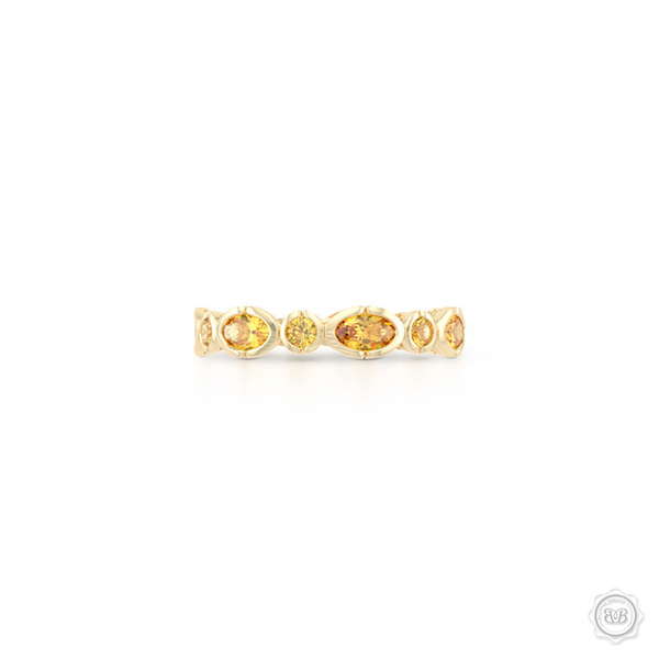 Unique Citrine Eternity Ring. Handcrafted in Classic Yellow Gold.  Adorned with array of Round and Oval Madeira Citrines. Geometrical Wedding, Eternity, Stackable Band that can be customized with gemstones of your choice. Free Shipping on All USA Orders. 30-Day Returns | BASHERT JEWELRY | Boca Raton, Florida