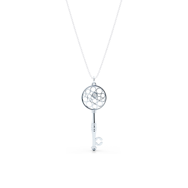 Floating Diamond Key Pendant necklace, hand-fabricated in sustainable, solid White Gold.  Free Shipping USA.  15 Day Returns.  | BASHERT JEWELRY | Boca Raton, Florida