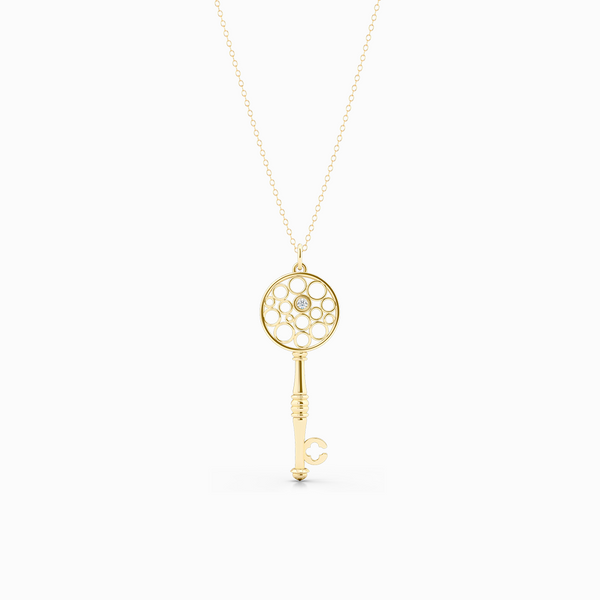 Floating Diamond Key Pendant necklace, hand-fabricated in sustainable, solid Yellow Gold.  Free Shipping USA.  15 Day Returns.  | BASHERT JEWELRY | Boca Raton, Florida