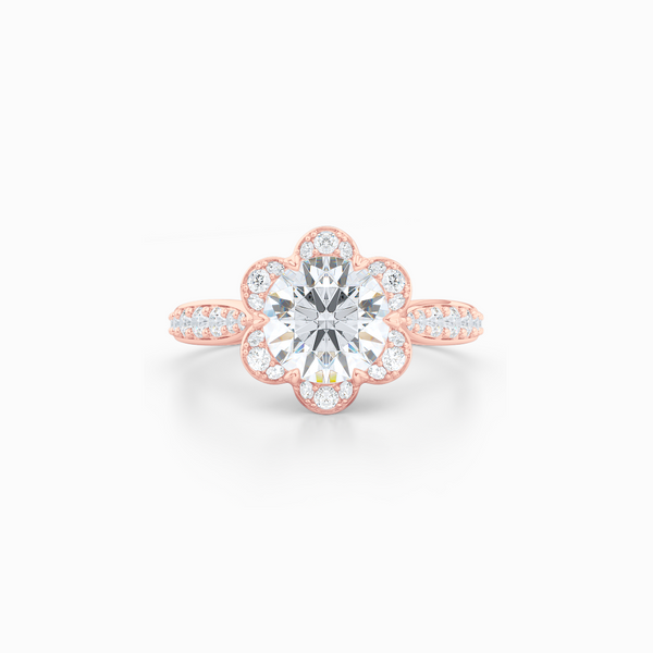 Flower inspired Round Moissanite Halo Engagement Ring. Hand-fabricated in Solid, Sustainable, Rose Gold and Charles & Colvard Round Brilliant Moissanite.  Free Shipping USA. 15 Day Returns | BASHERT JEWELRY | Boca Raton, Florida