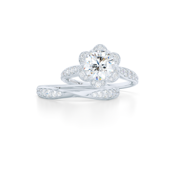 Flower inspired Round Moissanite Halo Engagement Ring. Handcrafted in Solid, Sustainable,  White Gold or Precious Platinum and Charles & Colvard Round Brilliant Moissanite.  Free Shipping USA. 15 Day Returns | BASHERT JEWELRY | Boca Raton, Florida